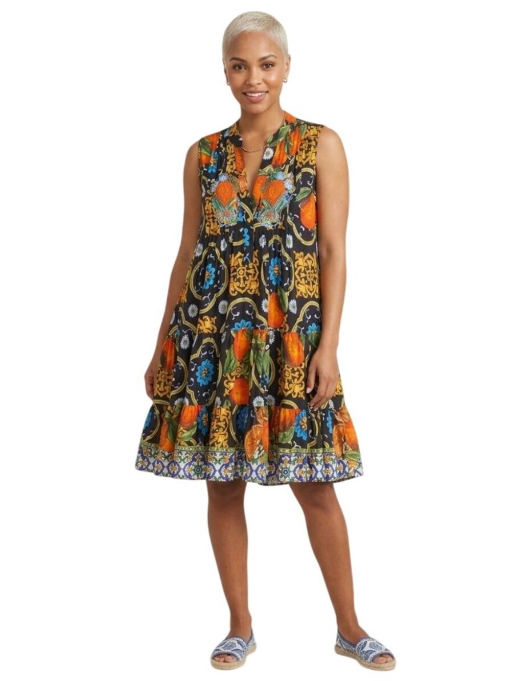 Antica Sartoria 2023 Orange Print Floral Beaded Pintuck Ruffled Dress One Size